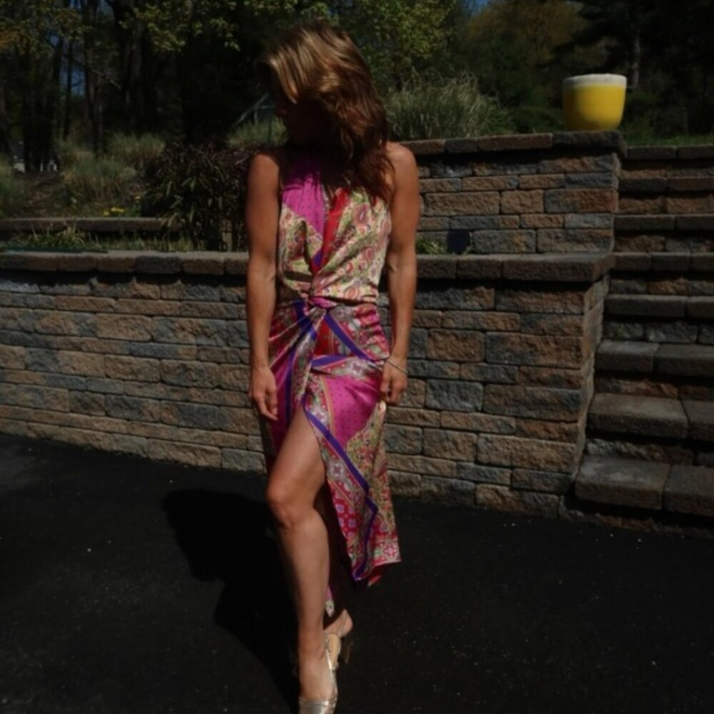 ZARA New Patchwork Print Halter Midi Dress Size M SS24 Purple Satin NWT